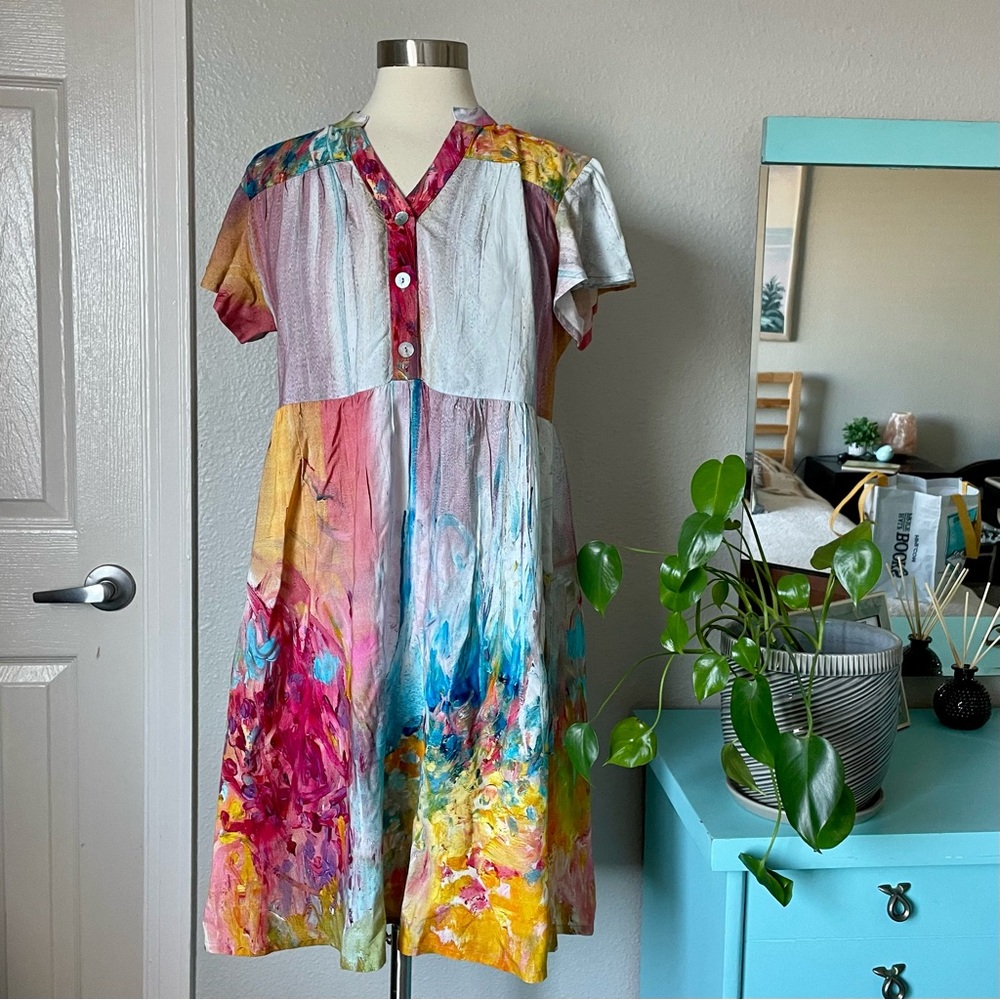 Parsley & Sage Colorful Artsy Watercolor Dress Short Sleeve Art to Wear Bohemian